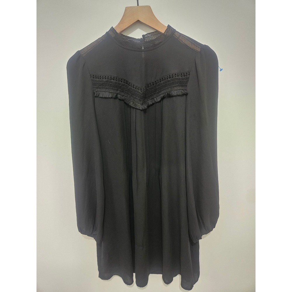 Ann Taylor‎ Black Lace Yoke Long Sleeve Mini Dress Small Boho Crochet Fringe